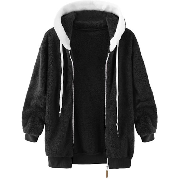 Hettejakke Dame Teddy Fleece Frakk Overgangsjakke med Hette med Lommer Glidelås Høst Vinter Plysj Jakke Fleece Jakke Vinter 4XL A Black