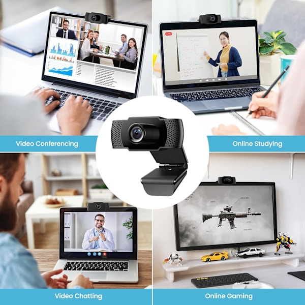1080P webbkamera med mikrofon, USB 2.0 webbkamera för stationär dator och bärbar dator med automatisk ljuskorrigering, Plug and Play, för videostreaming