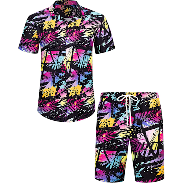 Hawaiiskjorte og shortssett for menn, normal passform, kort erme, avslappet funky strand flamingo skjortesett M