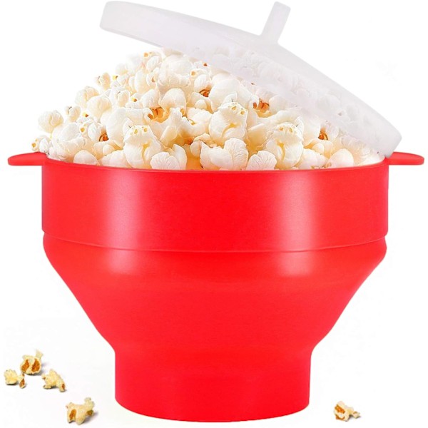 Mikroaaltouunissa käytettävä silikoninen popcorn-tekoastia, BPA-vapaa mikrouunissa käytettävä popcorn-tekoastia, taitettava mikrouunissa käytettävä popcorn-tekoastian kulho, mikrouunissa turvallinen, astianpesukoneessa turvallinen (punainen)