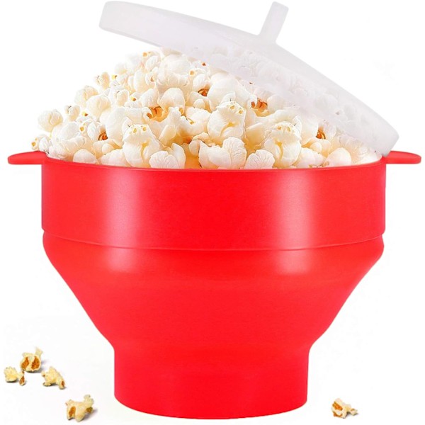 Mikrovågsugnspopcornmaskin i silikon, BPA-fri mikrovågsugnspopcornmaskin, hopfällbar mikrovågsugnspopcornmaskin, mikrovågsugnssäker, diskmaskinssäker (röd)