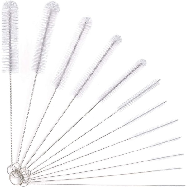 Flaskebørste, 12 stk. Lange flaskerengøringsbørster, rørbørste, kedelbørste, sugerørsbørste, nylon (hvid)