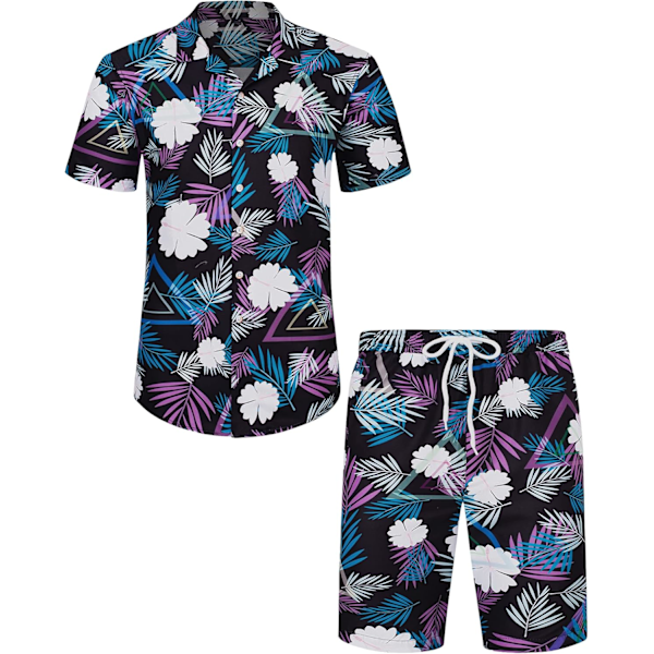 Herr Hawaiian skjorta och shorts set Regular Fit kortärmad casual funky strand flamingo skjorta set XXL Black Leaf