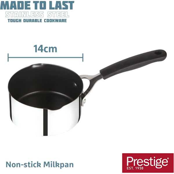 Mælkejævner i rustfrit stål med hældetud 14 cm - Non-stick mælkejævner, egnet til induktionskogeplader med silikonehåndtag med let greb, sølv