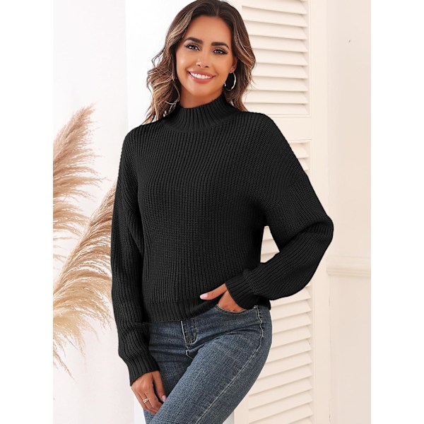 Alsidig afkortet turtleneck sweater til kvinder, ribstrikket pullover med pufærmer, parret med jeans 0-black Small