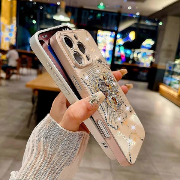 For iPhone 16 Pro Max Deksel Stativ TPU+PC Rhinestones Dekor Telefondeksel - Hvit