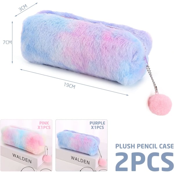 2 Plys Blyantsholdere, Sød Regnbue Blyantsholder, Stor Kapacitet Opbevaringspose til Skriveartikler, Børne Plys Penneholder (Pink, Lilla)