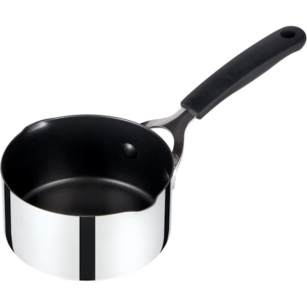 Mælkejævner i rustfrit stål med hældetud 14 cm - Non-stick mælkejævner, egnet til induktionskogeplader med silikonehåndtag med let greb, sølv