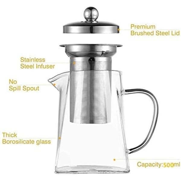 500ML Borosilikatglas Tekanna, Lösa Blad Tekannor med Insats, Fyrkantig Tekanna med Sil, Spis Mikrovågsugnssäker Tekanna för 2 500ml