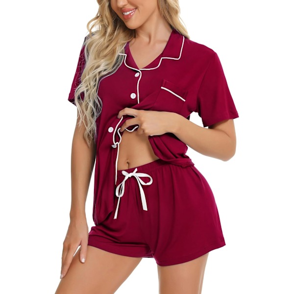 Dam Pyjamas Set Kortärmad Nattkläder Dam Knapp Ned Nattkläder PJ Set med Ficka M Wine Red