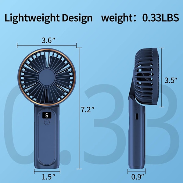 Håndholdt ventilator, bærbar ventilator, 4000mAh genopladelig ventilator, 180° sammenklappelig mini bordventilator med 6 vindhastigheder, LCD digitalt display Blue