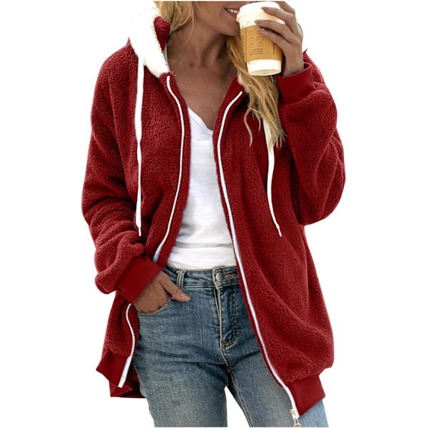 Hættejakke til kvinder Teddy Fleece Frakke Overgangsjakke med hætte med lommer lynlås efterår vinter plysjakke Fleecejakke vinter 4XL A Red
