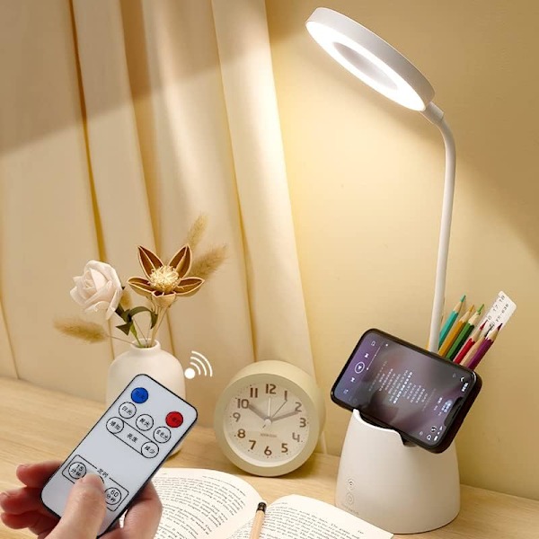 Fällbar LED-skrivbordslampa med pennhållare med fjärrkontroll och timerfunktion för ögonskydd Blanco Versión de control remoto
