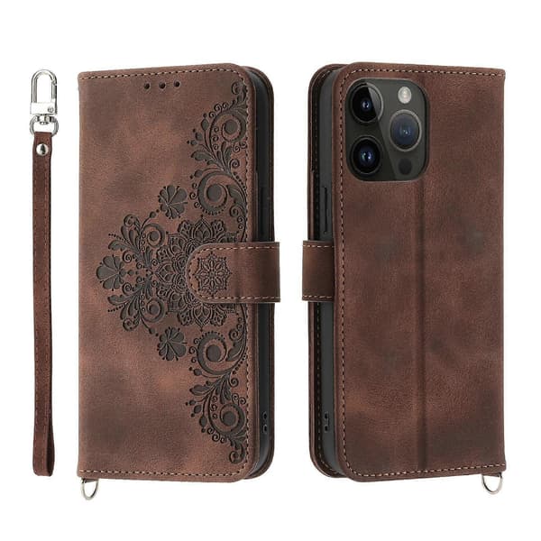För iPhone 14 Pro Max Skinnkänsla Blommor Präglat Plånbok Läder Telefonfodral