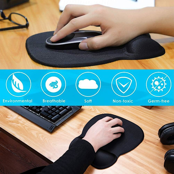 Ergonomisk musmatta med handledsstöd i minnesskum, bekväm datormusmatta för bärbar dator, smärtlindrande handledsstöd Black
