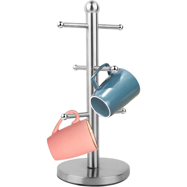 Rustfrit stål kopholder, fritstående kopholder til bordplade med 6 metal kroge