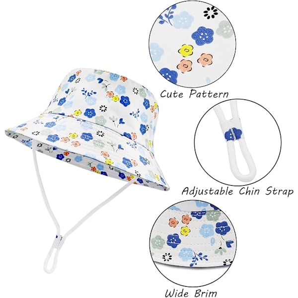 Sombrero de sol de verano, sombrero de playa de algodón puro, estampado de frutas animales de dibujos animados unisex Small blue flower