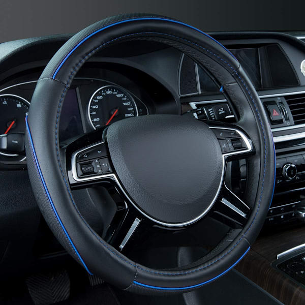 Färg Piping Läder Universal Rattmuff, Passar 14,5-15 Tum Olika Fordon SUV, Bilar (Svart blå) Black blue