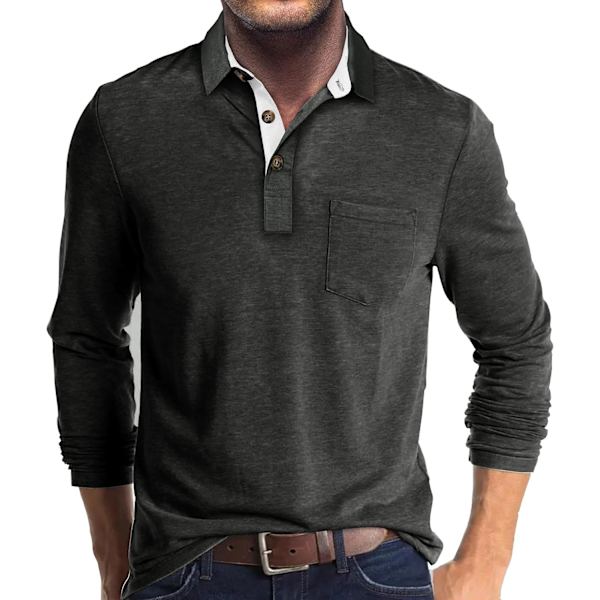 Miesten pitkähihaiset polopaidat taskulla, rennot golfpaidat Dark Grey XL