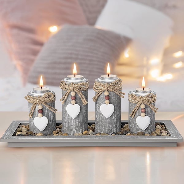 Candle Holder Set of 4 with Wodden Tray, Tealight Holders Candlestick Holder, Table Centerpiece Home Decor Living Room