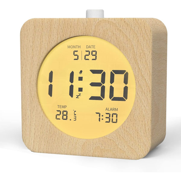 Digital klocka, träväckarklocka med temperatur, datumvisning, skrivbordsklocka med nattlampa och snooze-modul, batteridriven
