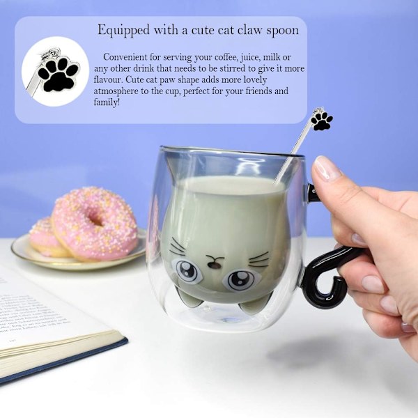 Bjørnekop Søde krus til kvinder Glas Dobbeltvægget isolerede glas Espresso kop, Kaffe kop, Tekop, Mælkekop, Bedste gave Black Cat
