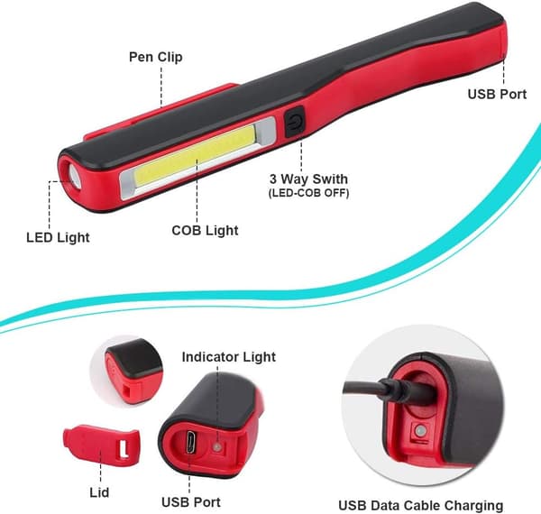 Oppladbar LED-lampe for interiør, med magnetisk klips