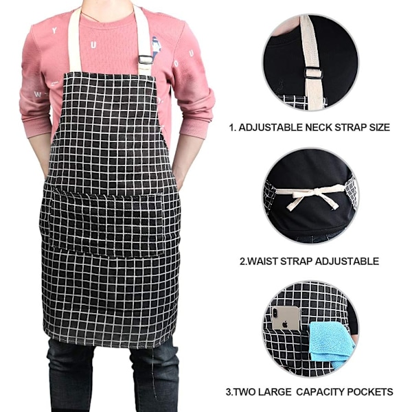 Unisex Justerbar Haklappsförkläde, 2 st Förkläde med 2 Fickor Matlagning Kök Kockförkläden, Dam Herr Förkläden för Hemkök, Restaurang, Kaffehus Black/White