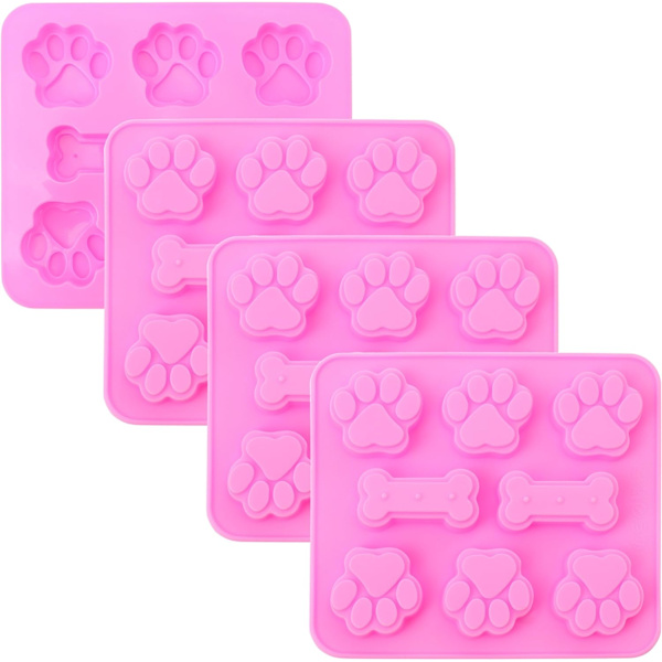 2-i-1 Hvalpes Pote og Knogle Silikoneforme, Non-Stick Fødevarekvalitet Silikoneforme til Gelé, Isblok, (Sæt med 4 stk. Pink)