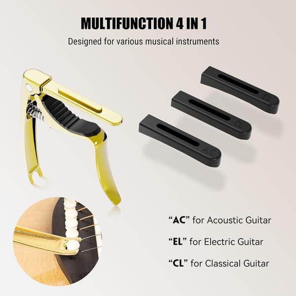 Gitarr capo, 4-i-1 capo med extraktor för bro stift, capo för gitarr bas ukulele banjo mandolin, 3 silikonhuvuden, guld Black