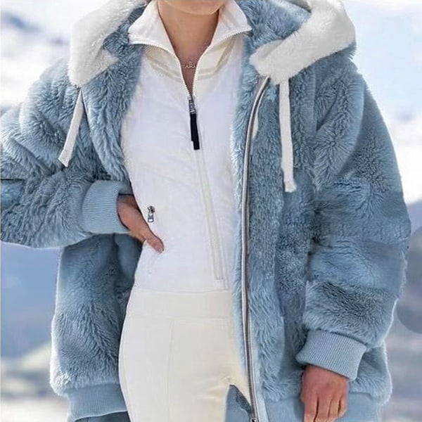 Hettejakke Dame Teddy Fleece Frakk Overgangsjakke med Hette med Lommer Glidelås Høst Vinter Plysj Jakke Fleece Jakke Vinter 4XL A Blue