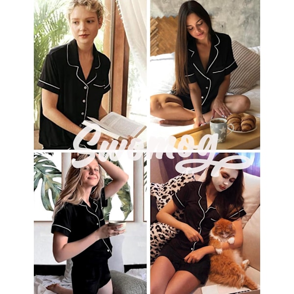 Dam Pyjamas Set Kortärmad Nattkläder Dam Knapp Ned Nattkläder PJ Set med Ficka S Black