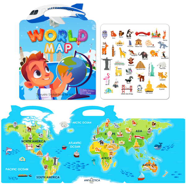 Bærbar Jelly Sticker Stillebok for Barn, Gjenbrukbar Stickerbok, Førskole Læringsaktivitet Reiseleketøy World Map