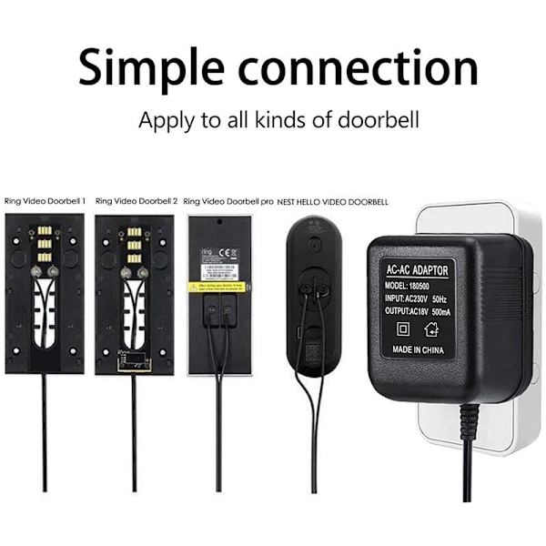 18V 500MA Strømadapter Batterioplader Adapter til Ring Doorbell Udendørs EU Stik