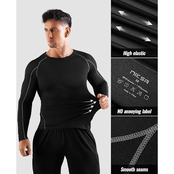 Pakke af Langærmede Løbetoppe til Mænd, Base Layer Kompressions Top T-Shirts, Hurtigtørrende Fugttransporterende Gym Atletisk Træning Workout Tee Shirts M Black+black