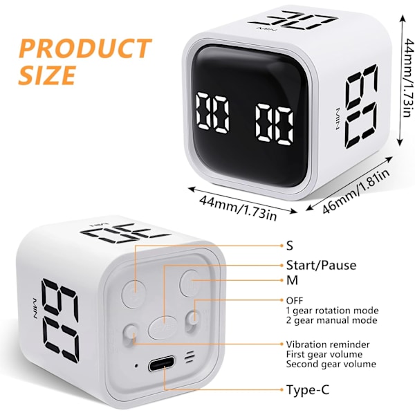 Kube Timer, Roterende Pomodoro Timer, 5/10/30/60 Minutter og Egendefinert Nedtelling, Digital Timer med Vibrasjon White