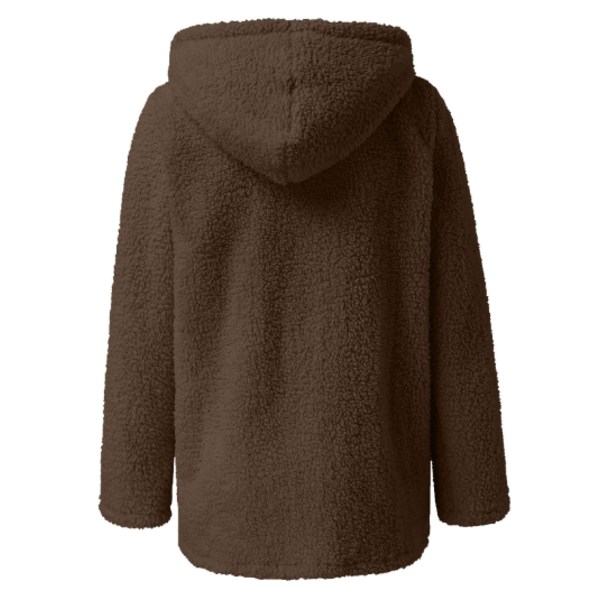 Plush Kavaj med Huva för Kvinnor, Fluffig Fleece-Hoodie, Varm Vinterjacka, Casual, Kaffe Färg, Storlek L Coffee L