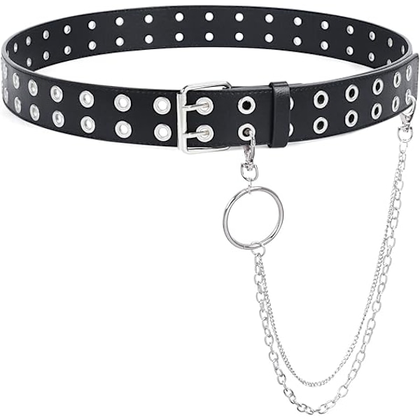 Kaksinkertainen niittireikäinen nahkavyö irrotettavalla ketjulla naisille ja miehille, punk musta vyö kaksinkertaisilla niiteillä farkuille A. Black With Hoop Chain