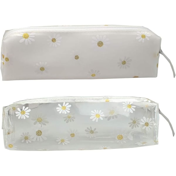 2 PCS Clear Plastic Daisy Pencil Case Bag Stationery Pouch Makeup Bag Pencil Organizer for School Office