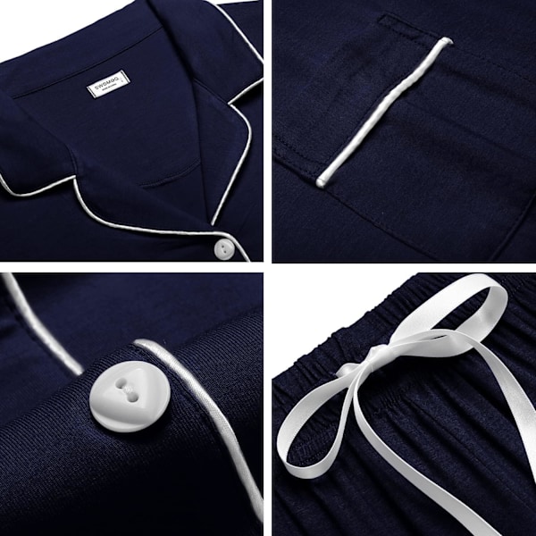 Kvinnors Pyjamas Set Kortärmad Nattkläder Dam Button Down Nattkläder PJ Set med Ficka S Navy Blue White Trim