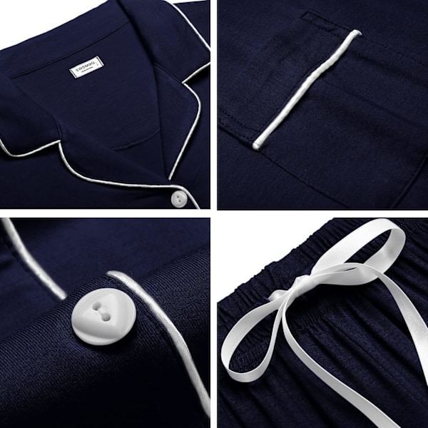 Naisten pyjamasetti, lyhythihainen yöasu, naisten napitettava yöasu, pyjamasetti taskuilla L Navy Blue White Trim