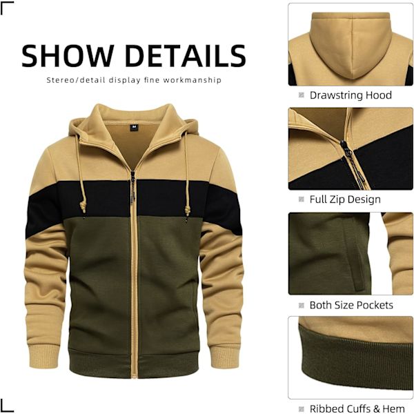 Herre fleece hettegenser pullover casual hettegenser kontrastfarge topp med kanga-lomme Khaki M