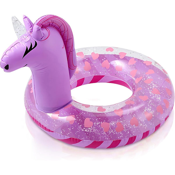 22 tums enhörning uppblåsbar flytring för barn, flickor enhörning uppblåsbar poolring med glitter för barn simning pool vattensporter Purple