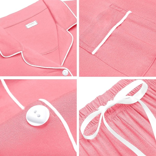 Kvinnors Pyjamas Set Kortärmad Nattkläder Dam Knäppning Nattkläder PJ Set med Ficka XL Peach Pink