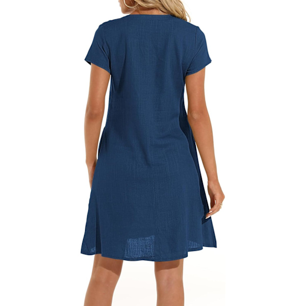Damklänning Sommar Linneklänningar Casual V-ringad Midiklänning Kortärmad A-linjeklänning Solklänning Tunika Klänning Utan Tillbehör (Halsband ingår ej) A Blue 3XL