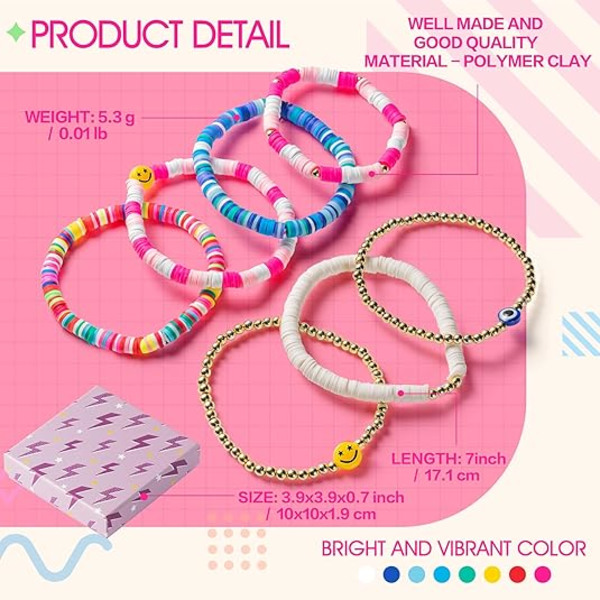 7 stk. armbåndssæt farverigt preppy glad smil ondt øje perler stretch ler stablet boho skive Y2K