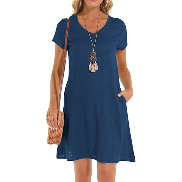 Damklänning Sommar Linneklänningar Casual V-ringad Midiklänning Kortärmad A-linjeklänning Solklänning Tunika Klänning Utan Tillbehör (Halsband ingår ej) A Blue 3XL