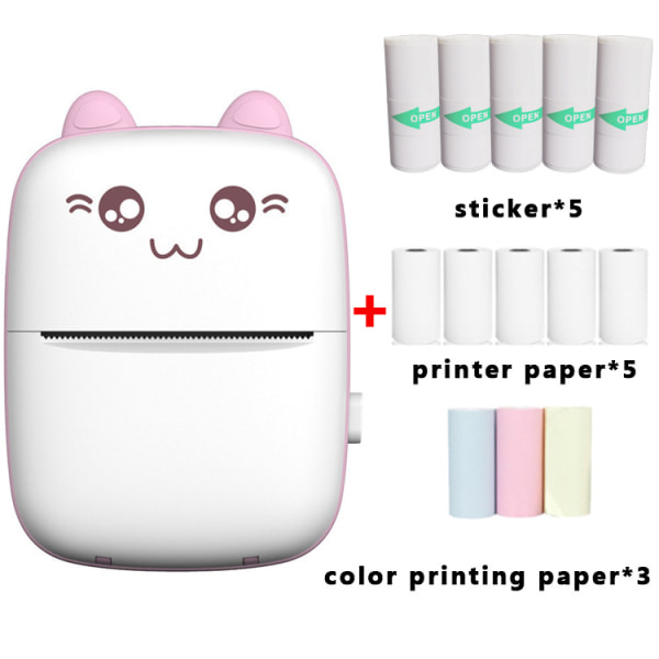 Mini bærbar elev fejlprinter Meow Meow White/Powder (+5 ruller printerpapir, 5 ruller selvklæbende, 3 ruller farvet papir) pink