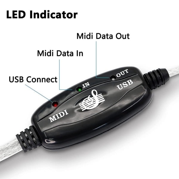 USB Midi-kabeladapter, USB typ A hane till Midi Din 5-stifts in-out-kabelgränssnitt med LED-indikator [DB] Som visas