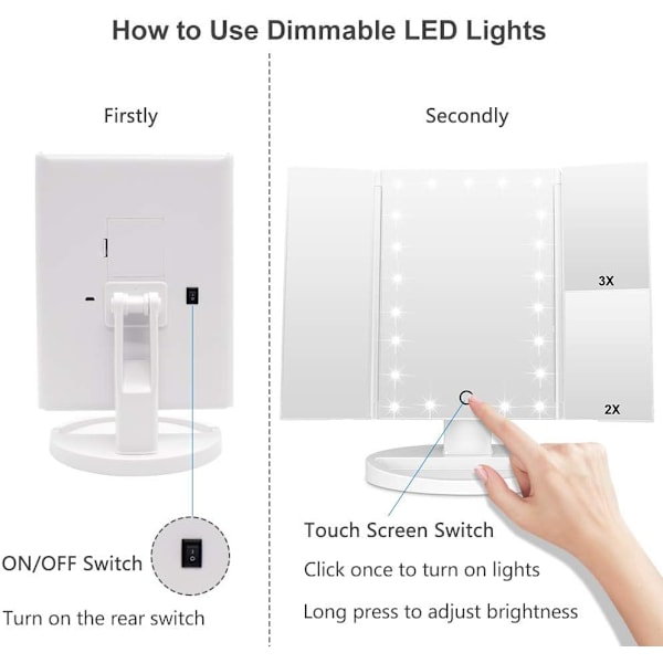 Makeup Spejl med 21 Naturlige LED Lys, 3X/2X Forstørrelse, Batterier/USB Dobbelt Strømforsyning Belyste Kosmetikspejle (Hvid) White